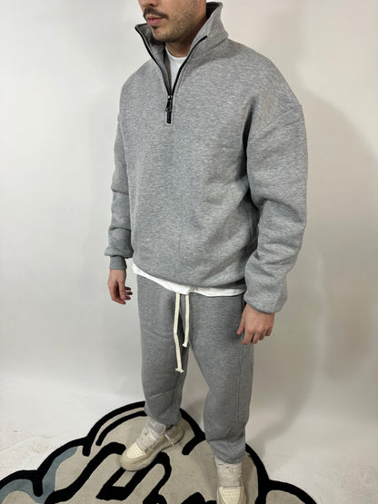 Completo Grigio  Cotone Felpato Zip Collo Alto Pantalone Baggy