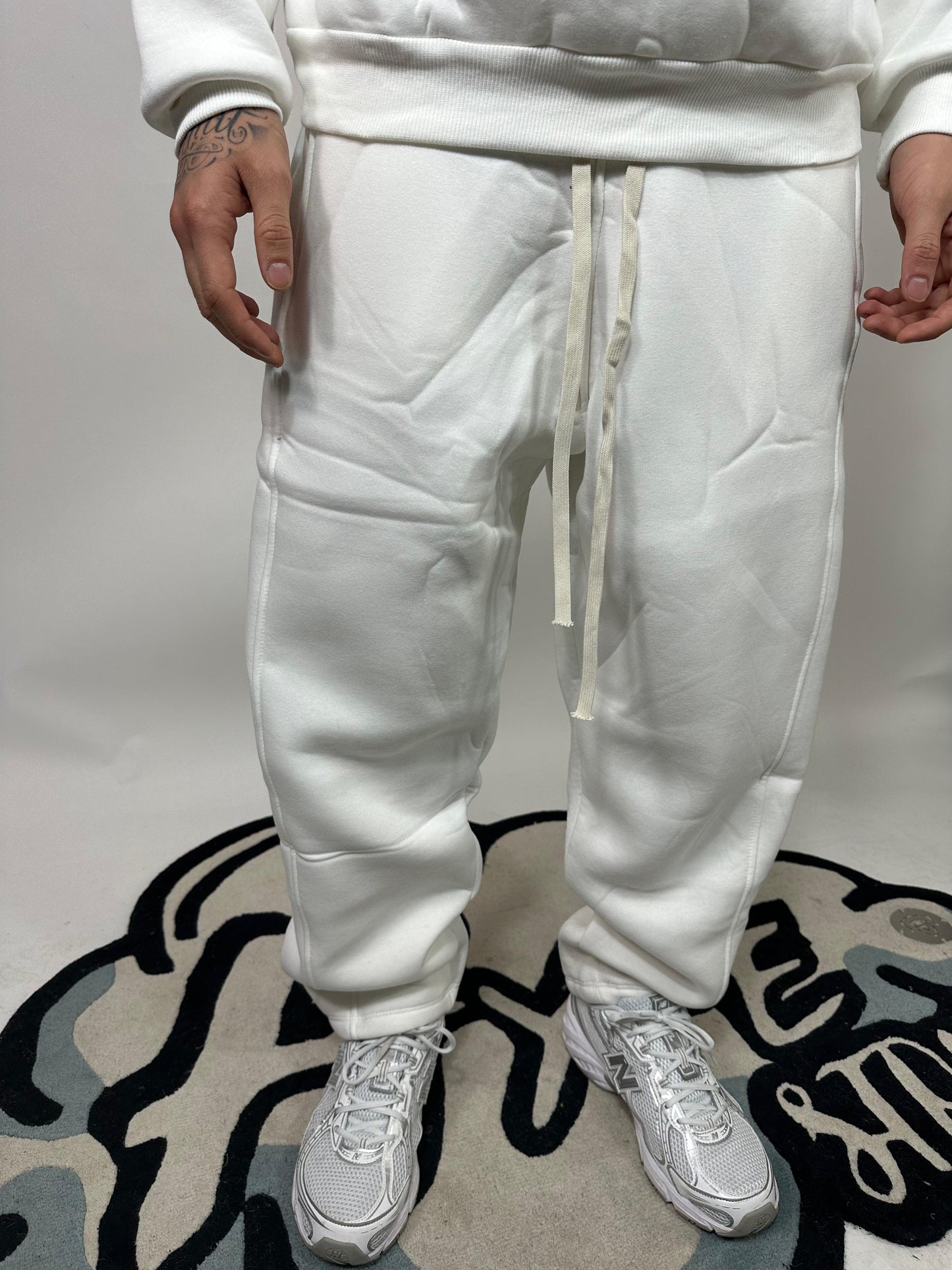 Completo Bianco Cotone Felpato Zip Collo Alto Pantalone Baggy