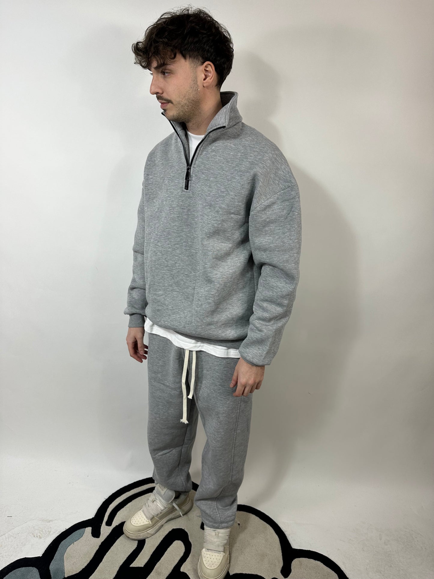 Completo Grigio  Cotone Felpato Zip Collo Alto Pantalone Baggy