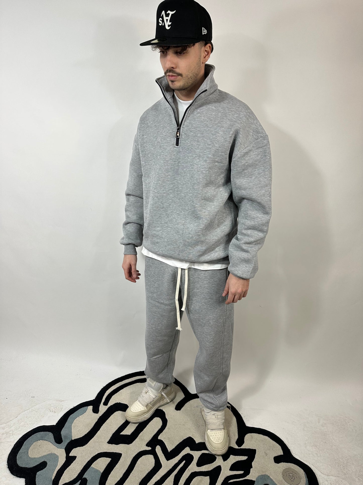 Completo Grigio  Cotone Felpato Zip Collo Alto Pantalone Baggy